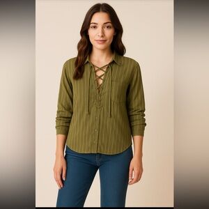 Free People Olive Green Striped Blouse